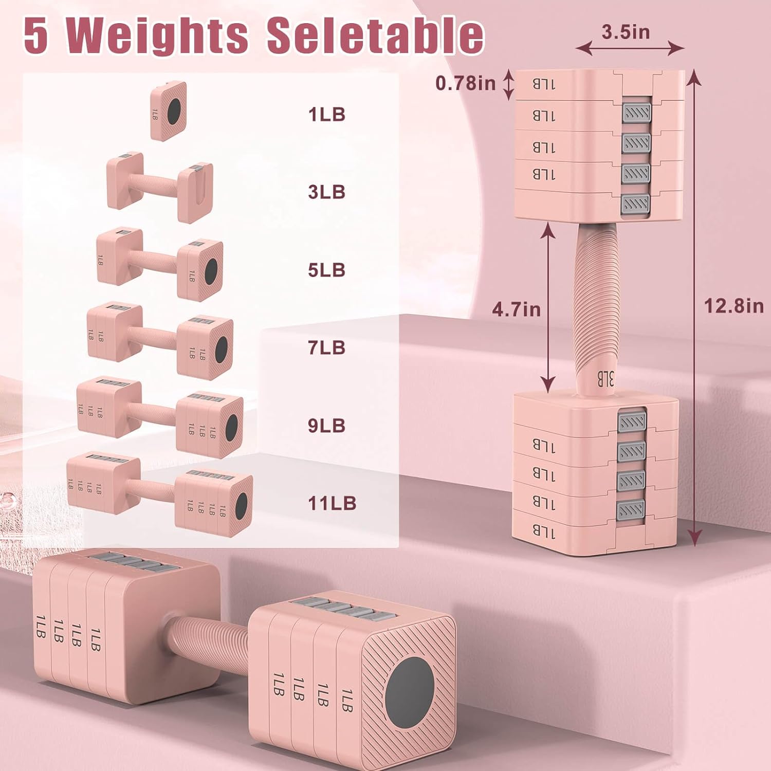 Adjustable Dumbbells Set of 2, 5-in-1 Adjustable Weight Dumbbells for Women/Men, 3lb/5lb/7lb/9lb/11lb Dumbbell Weights Set for Home Gym Workout - Image 2
