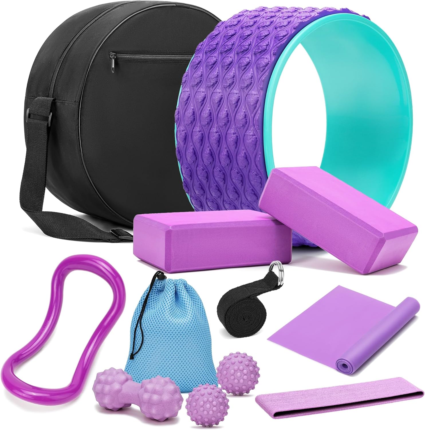 12 in 1 Yoga Set with Back Cracker Roller & Deep Tissue Massage Yoga Blocks, Ring & Accessories for Stretching & Relief